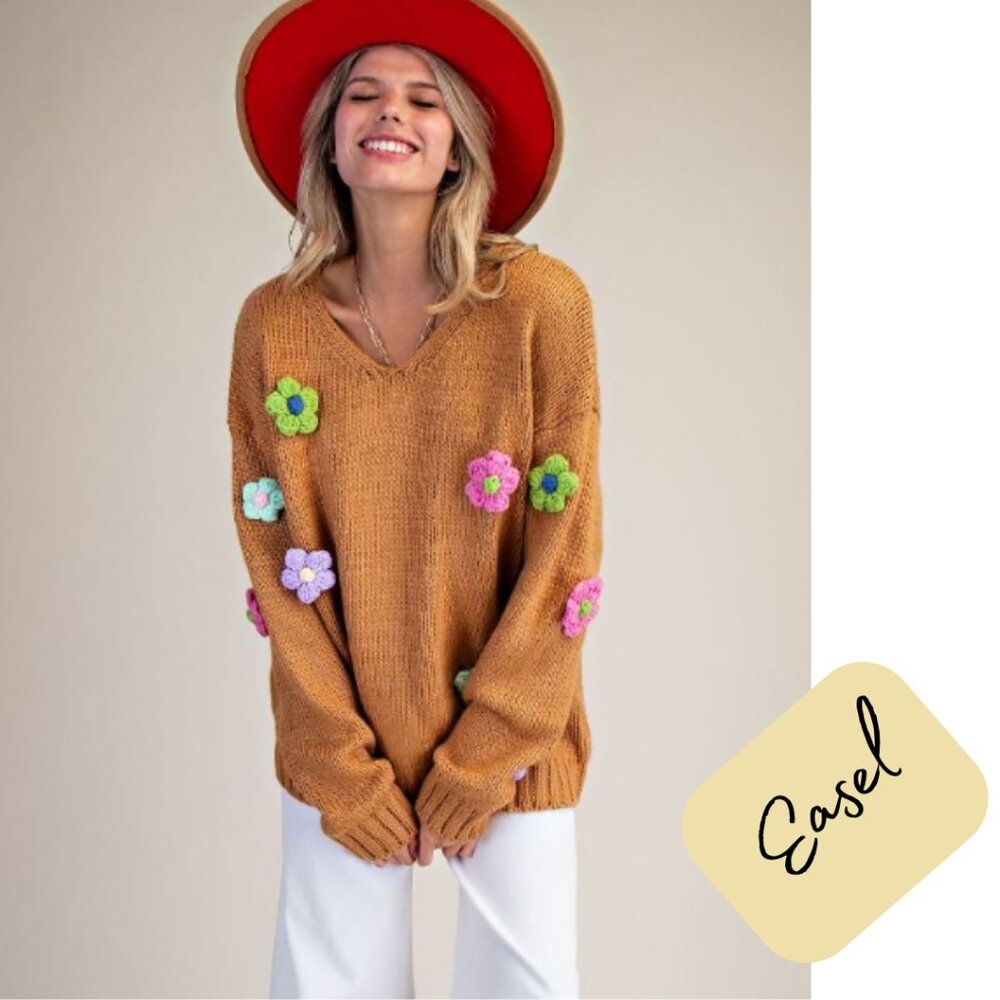 🌸🪶☮️Easel Daisy Flower Appliqué Knit Sweater Pullover NWT - Picture 3 of 7
